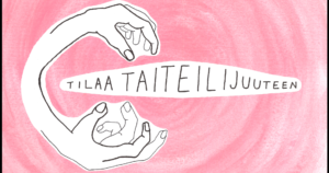 The project's logo: Two white hands curve above and below the text "Making space for artistry". The background is painted with pink watercolor: the brushstrokes grow in a ring-like manner from the center outwards.