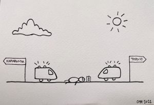 A simple drawing, with the sign Haparanda on the left and Tornio on the right. In between, two ambulances, one coming from Torneå and the other from Haparanda. In the middle, a person is lying on the ground with a gin bottle.