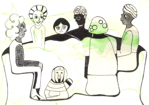Almost black & white illustration: six persons sitting at a table, dog on the floor.