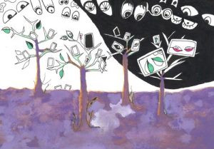 The illustration features computer monitors and many kinds of eyes and ears growing in treetops. Above the trees, in the sky, there are more eyes and ears watching and listening closely.
